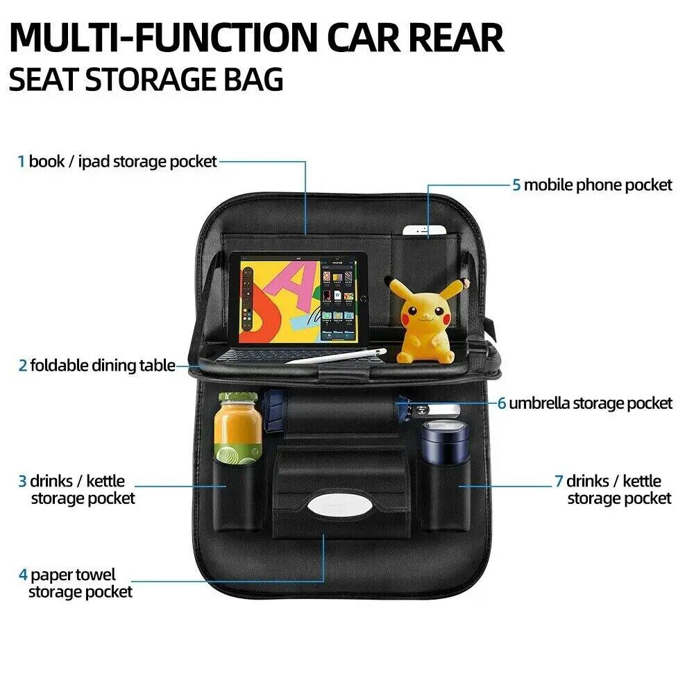 Car Back Seat Storage Bag With Foldable Table Tray Tablet Holder